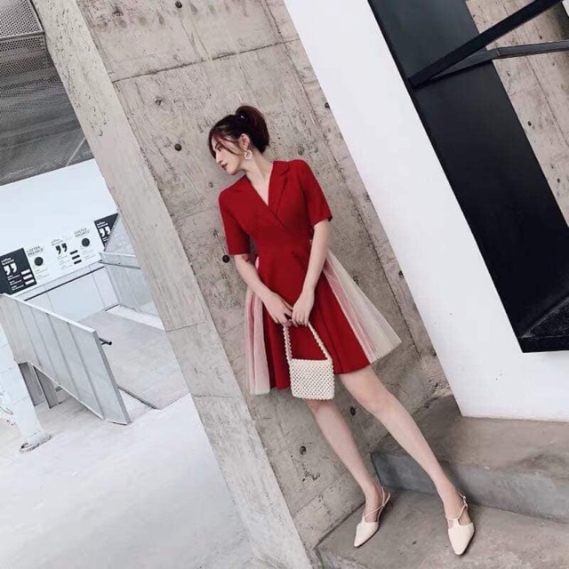 Đầm Cổ Vest Phối Lưới Hông Bigsize