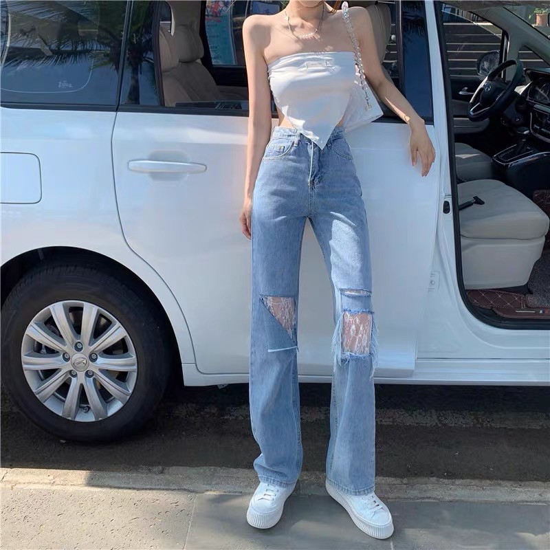 Quần jeans ống suông rách phối ren (ảnh thật cuối)