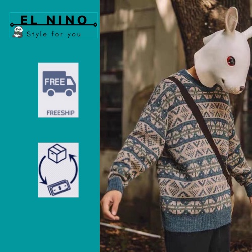 Áo len nam nữ unisex, áo len cổ tròn, áo len đôi họa tiết thổ cẩm cổ tròn form rộng, phong cách Hàn Quốc AL05 EL Nino