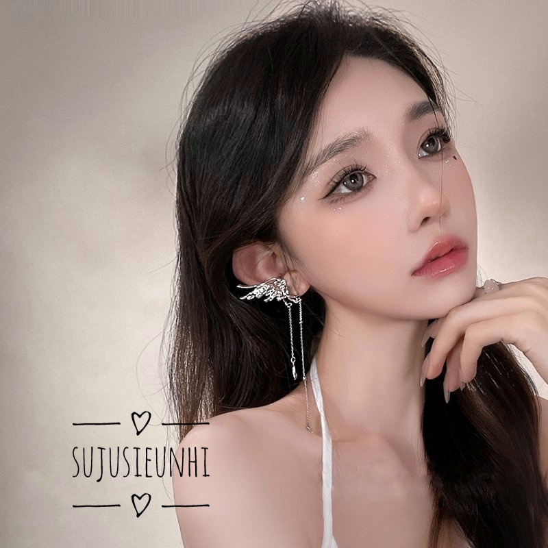 (KHÔNG XỎ) khuyên tai kẹp vành hình cánh bướm cách điệu phối xích thả dài duyên dáng