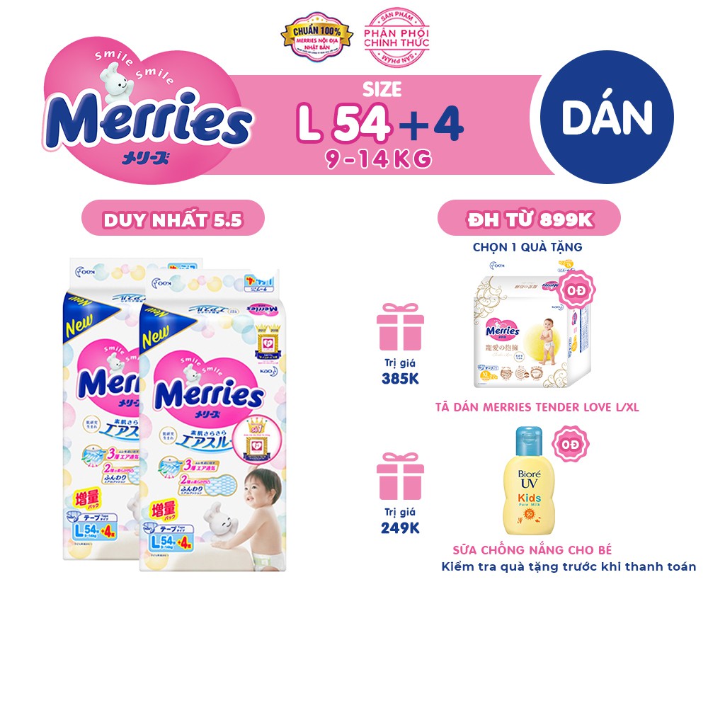 [Mã FMCGMALL giảm 8% đơn 250K] Combo 2 Tã/bỉm dán Merries size L - 54 + 4 miếng (Cho bé dưới 9-14 kg)