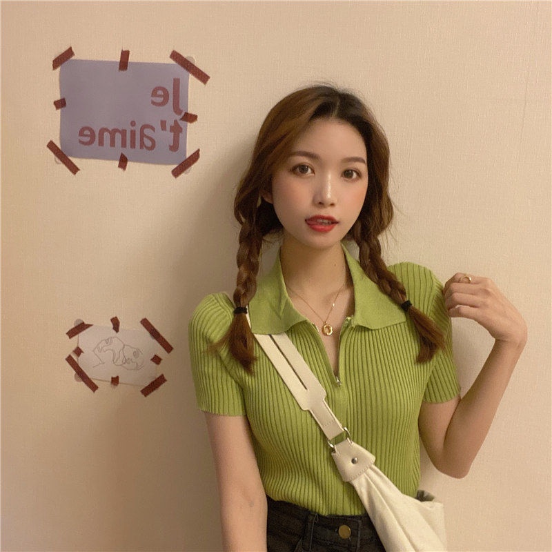 Áo Sweater Tay Ngắn Có Khóa Kéo Thiết Kế Mới Thời Trang Mùa Hè Theo Phong Cách Hàn Quốc Cho Nữ