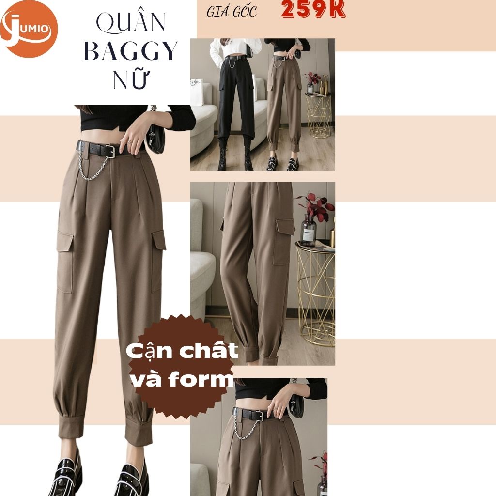 Quần baggy nữ kaki lưng cao dáng dài, quần jogger nữ túi hộp cá tính Ulzzang bo gấu 3 khuyu màu Đen - Nâu SML JUMIO