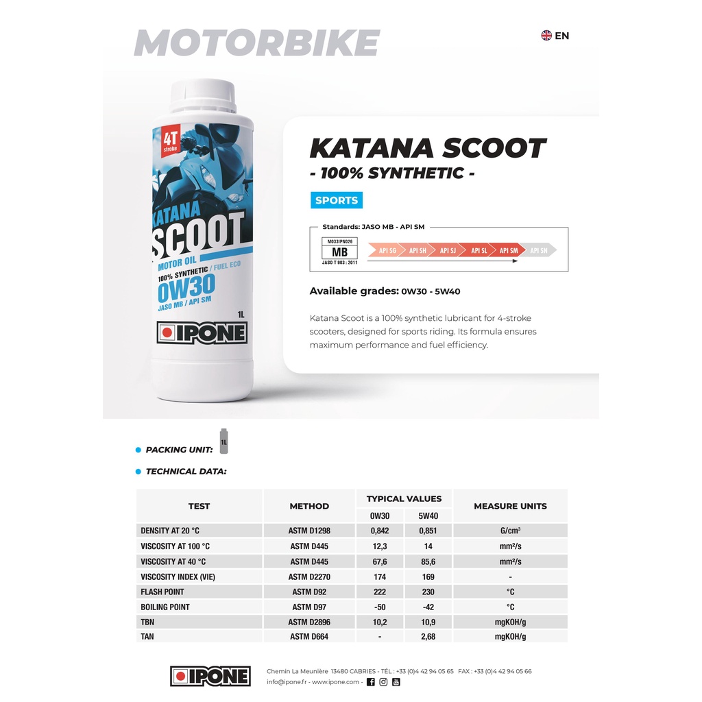 Dầu Nhớt Xe Ga IPONE KATANA SCOOT 5W40 100% Tổng Hợp