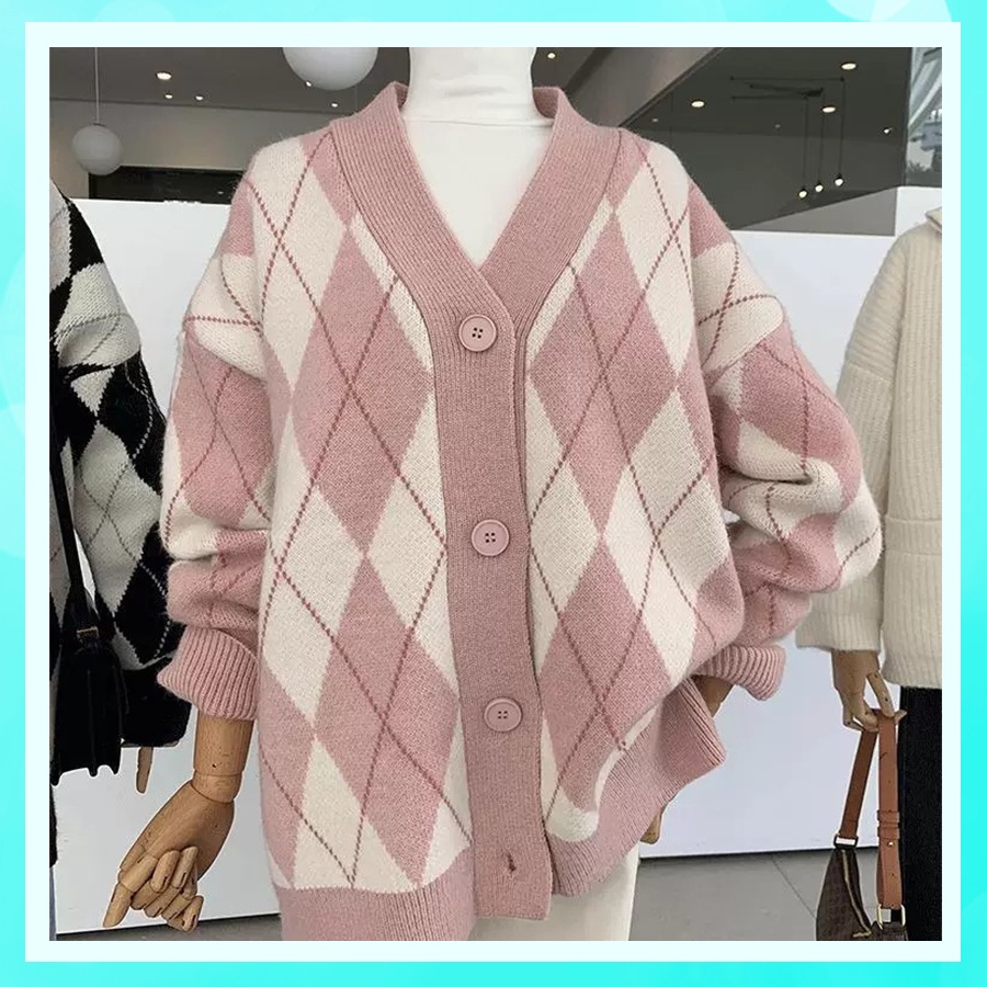 Áo Cardigan len Unisex dày kẻ sọc hoạ tiết kim cương phong cách Hàn Quốc CDG1