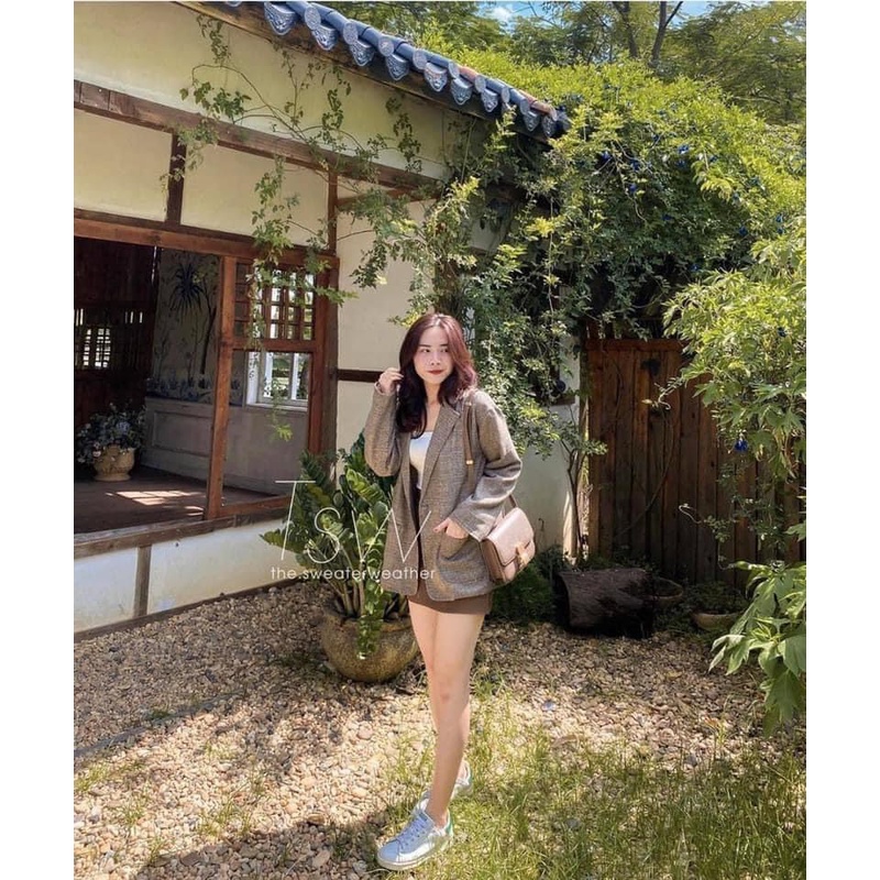 [Ảnh thật] Áo khoác vest kẻ dạ dáng rộng phong cách Hàn Quốc