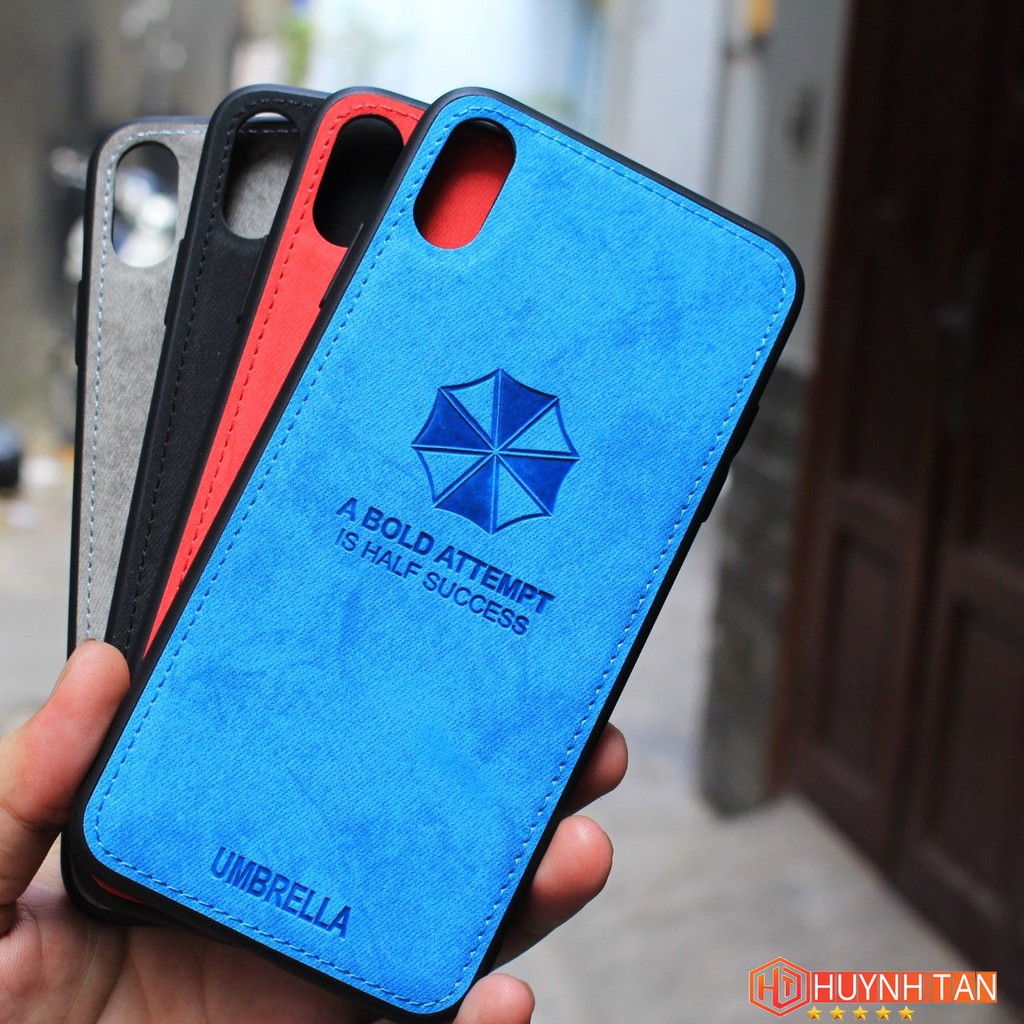 Ốp Lưng Iphone XS Max Vân Da Khắc Hình Cây Dù Viền Chỉ (Full Màu)