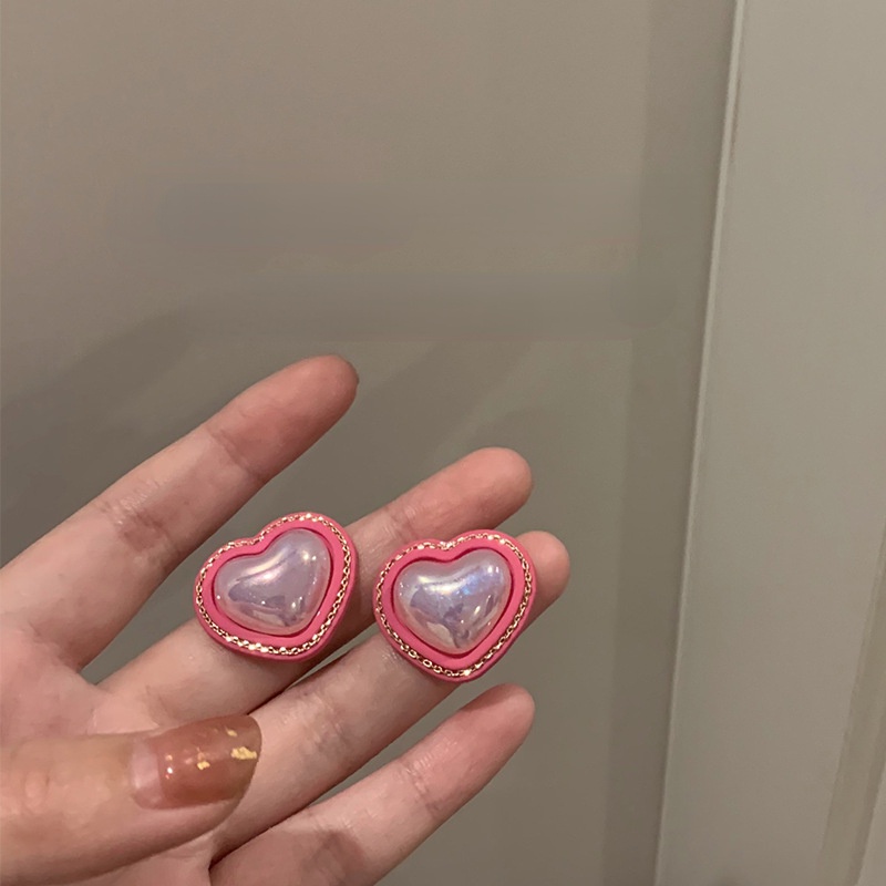 Khuyên Tai Hình Trái Tim Đính Hạt Ngọc Trai Hồng Đơn Giản Hợp Thời Trang Mới