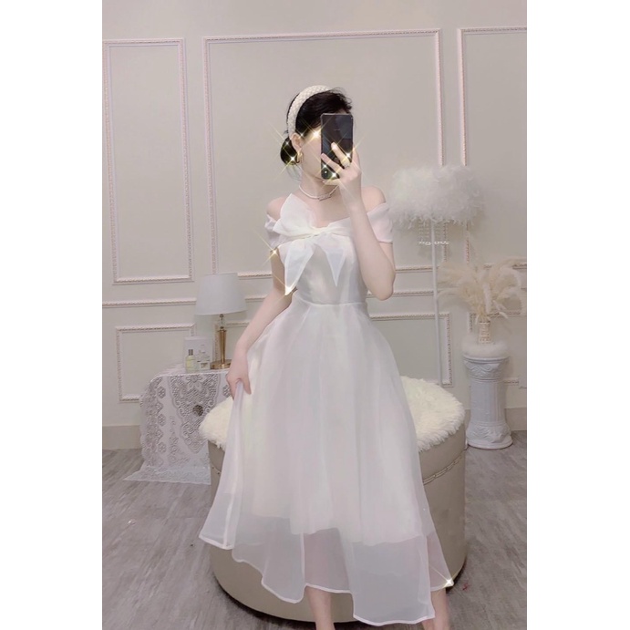 ĐẦM XÒE VOAN NỮ PHỐI NƠ HÀNG THIẾT KẾ XINH XẮN PU