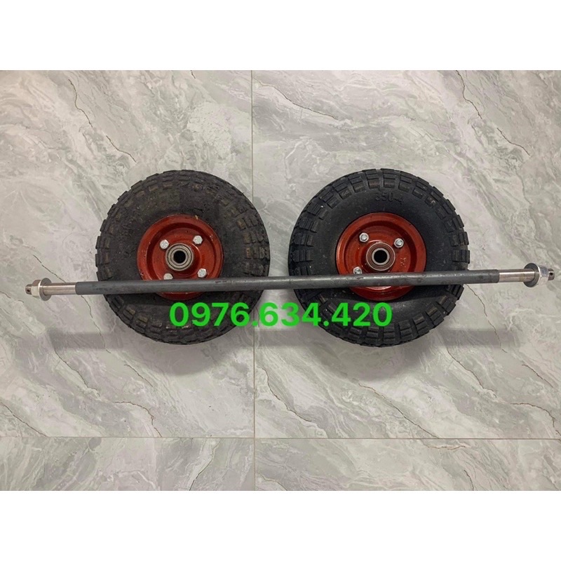 Combo 2 bánh xe đẩy đường kính 25cm kèm trục bánh xe 17ly dùng để chế tạo xe đẩy hàng, xe kéo