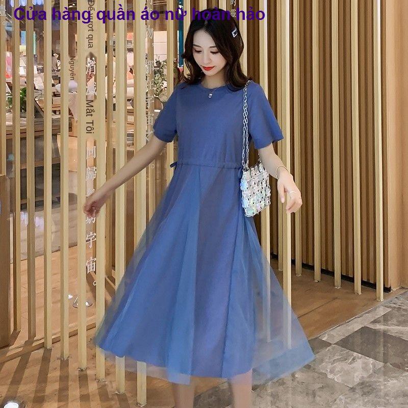 bộ đồ nữváy bầu mùa hè thời trang cổ tròn khâu lưới qua đầu gối dài tay ngắn xu hướng màu đỏ