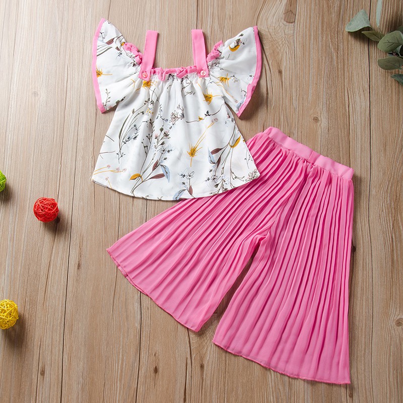 Set áo trễ vai + quần ống rộng họa tiết hoa cho bé gái