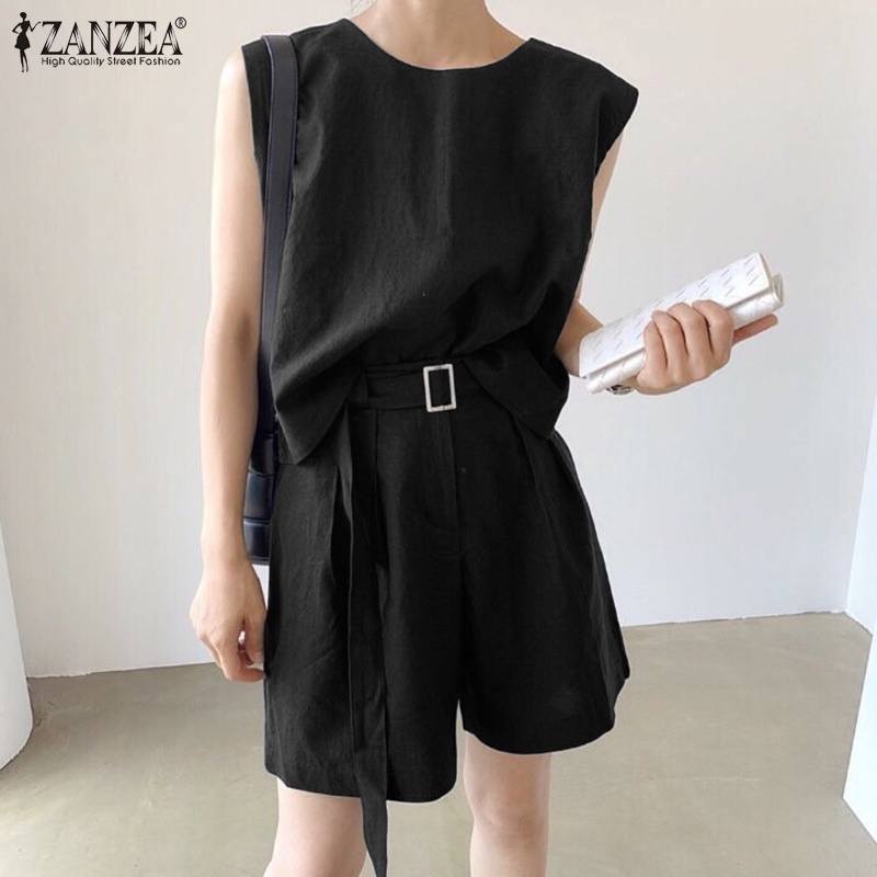 Set áo sát nách Zanzea cổ tròn + quần short lưng thun thời trang Hàn Quốc cho nữ