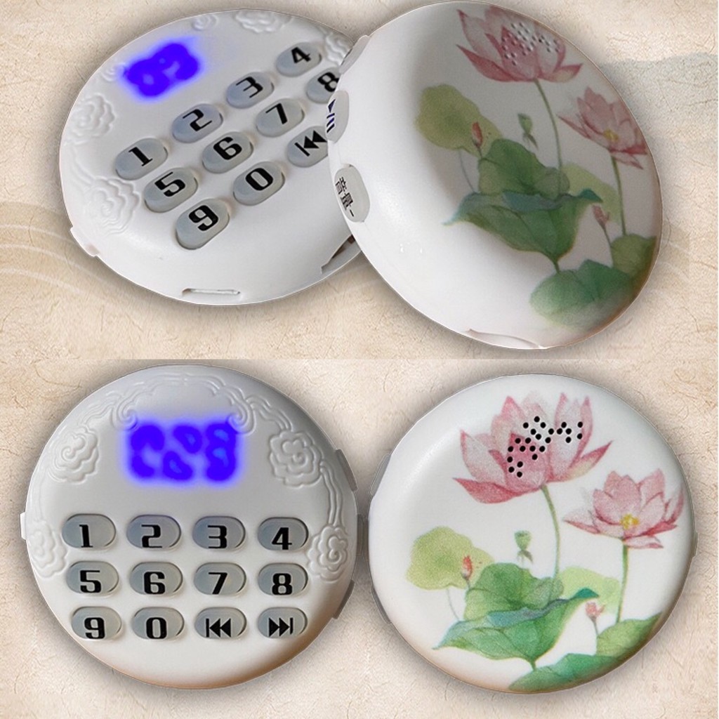 Máy nghe kinh hình tròn trắng có họa tiết hình hoa sen phong thủy có thể đeo trên người