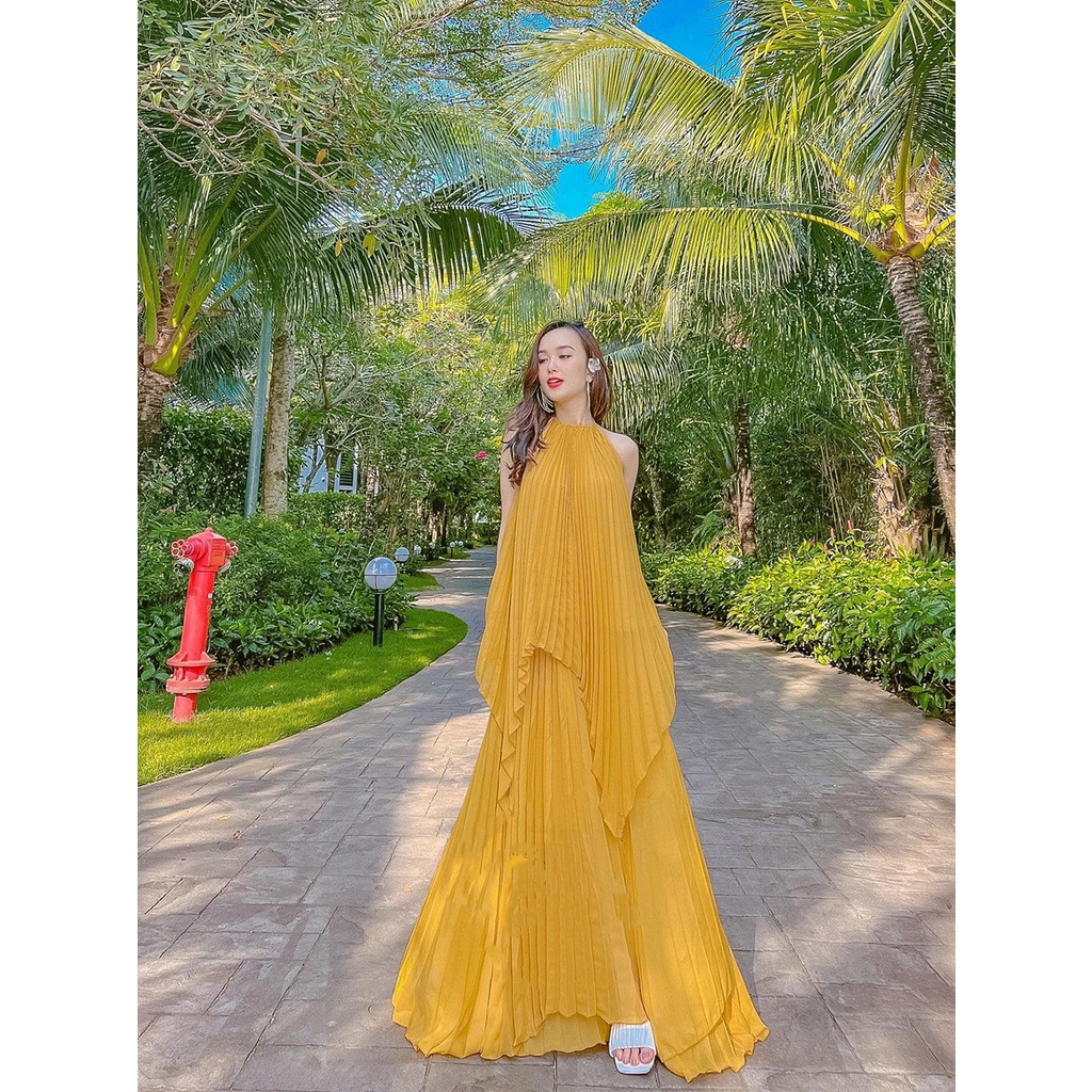 Set váy maxi dập ly cổ yếm dáng xòe có 4 màu