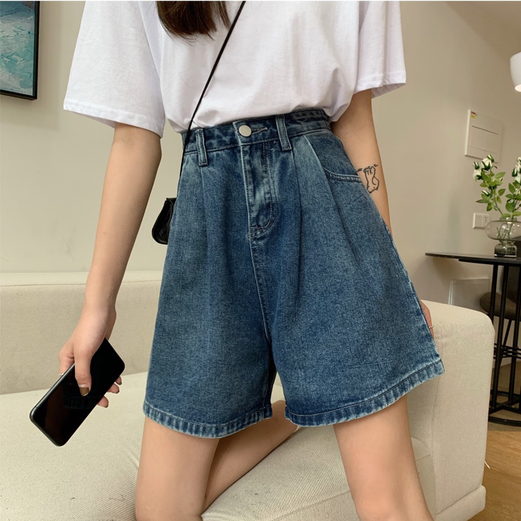 Quần Short Denim Lưng Cao Ống Rộng Phong Cách Retro Thời Trang Hàn Quốc Cho Nữ