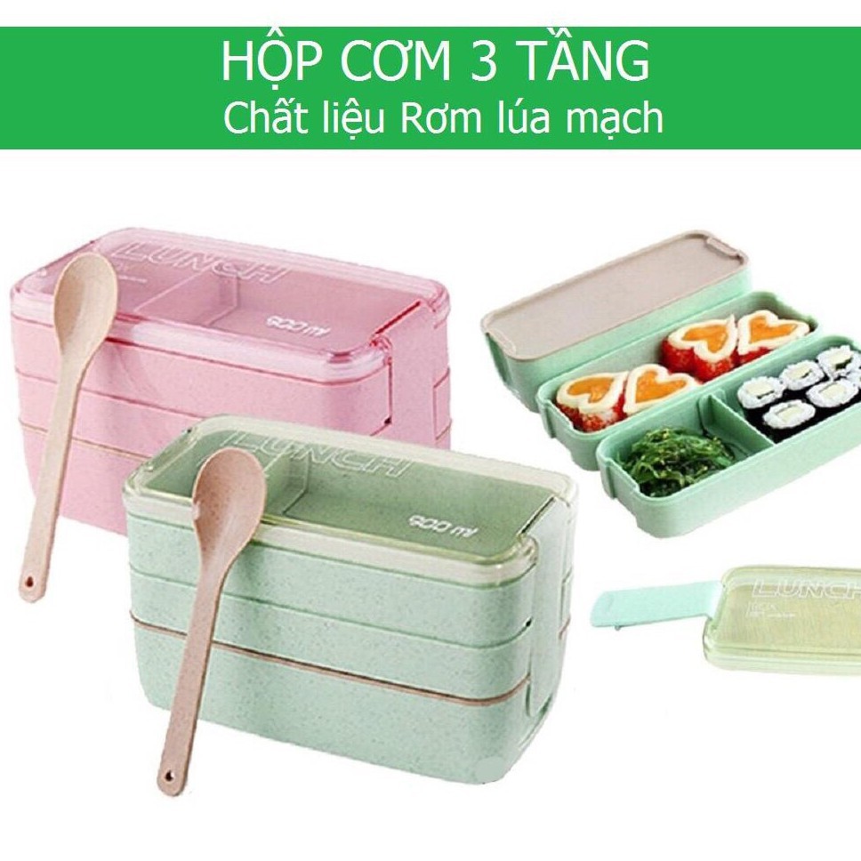 Bộ hộp cơm 3 tầng lúa mạch kèm thìa, dĩa