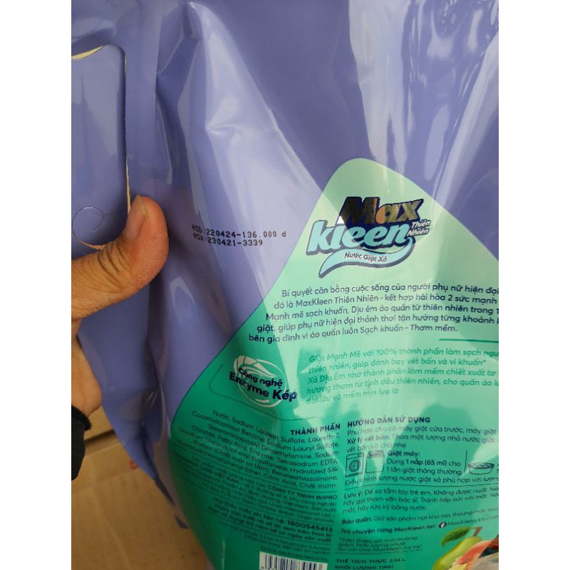 Nước giặt túi Maxkleen 2.2kg HƯƠNG THIÊN NHIÊN Tặng túi 600g