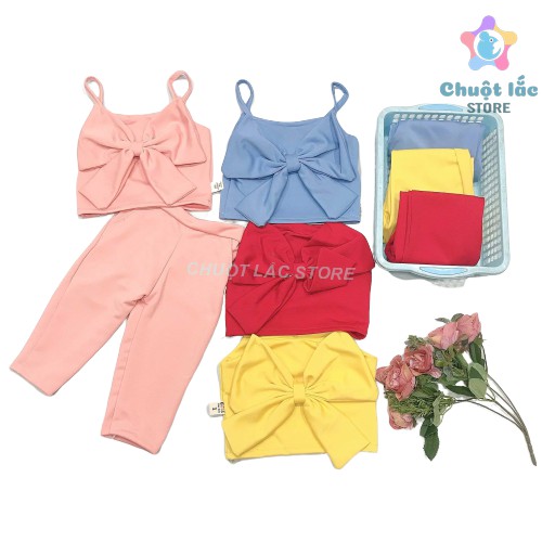 Set bộ quần áo bé gái siêu xinh áo croptop nơ to và quần ôm cho bé từ 7kg đến 20kg (màu hồng, xanh, đỏ, vàng)