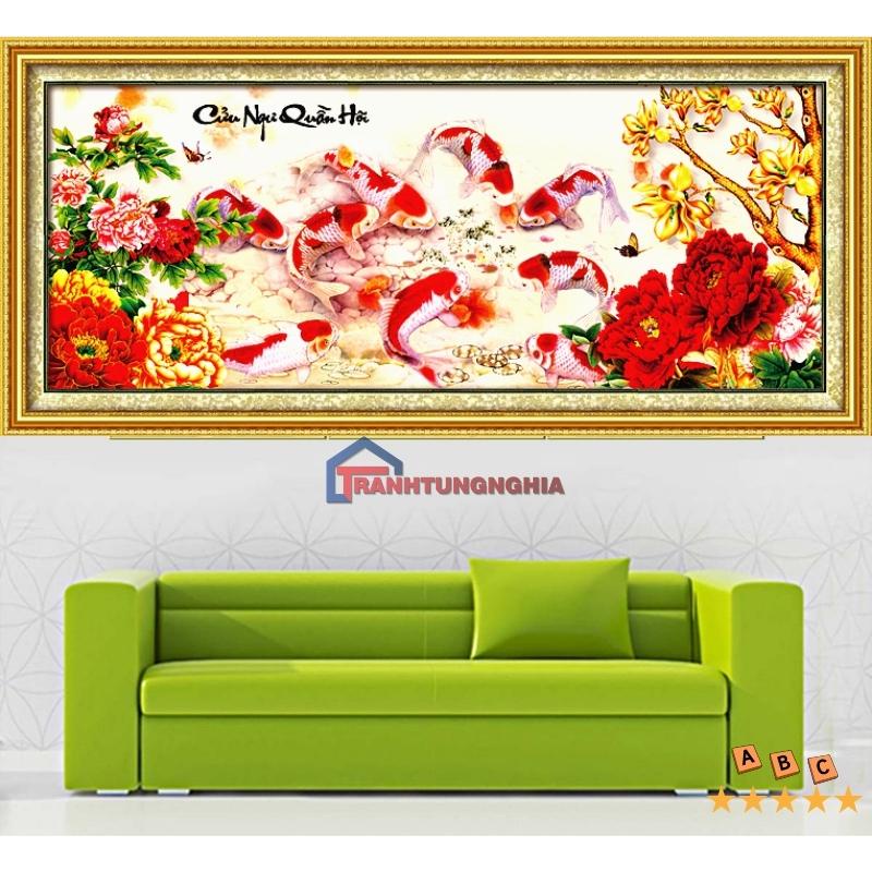 Tranh đính đá, tranh thêu chữ thập cá cửu ngư quần hội