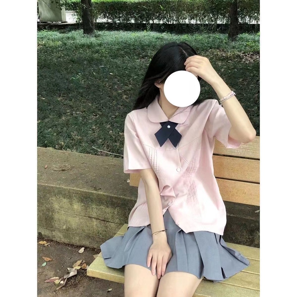 Set Áo Sơ Mi Hồng + Chân Váy Xếp Ly Phong Cách Hàn Quốc Cho Nữ