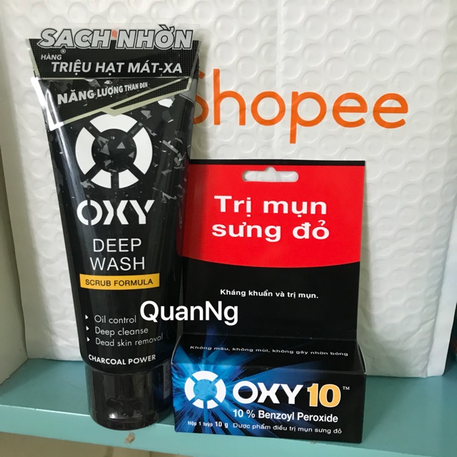 Bộ Đôi Sản Phẩm Sữa rửa mặt than hoạt tính có hạt sạch nhờn Oxy Deep Wash 100g + Kem ngừa mụn bọc và mụn sưng đỏ Oxy 10