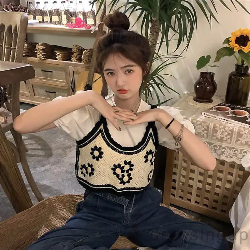 Áo hai dây dệt kim họa tiết hoa thời trang đáng yêu cho nữ