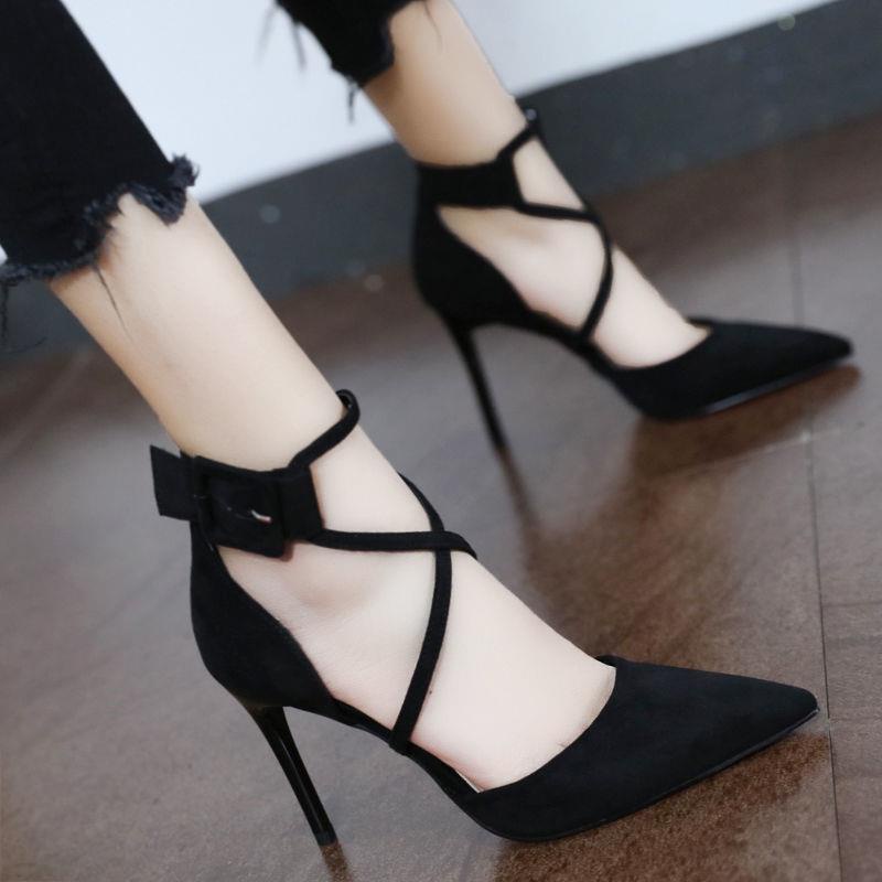 Đôi giày cao gót mũi nhọn quai chéo bằng da lộn phong cách Hàn Quốc cho nữ 2021