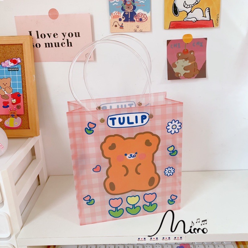 Túi đựng quà trong suốt in hình gấu Bear dễ thương size 19*21cm