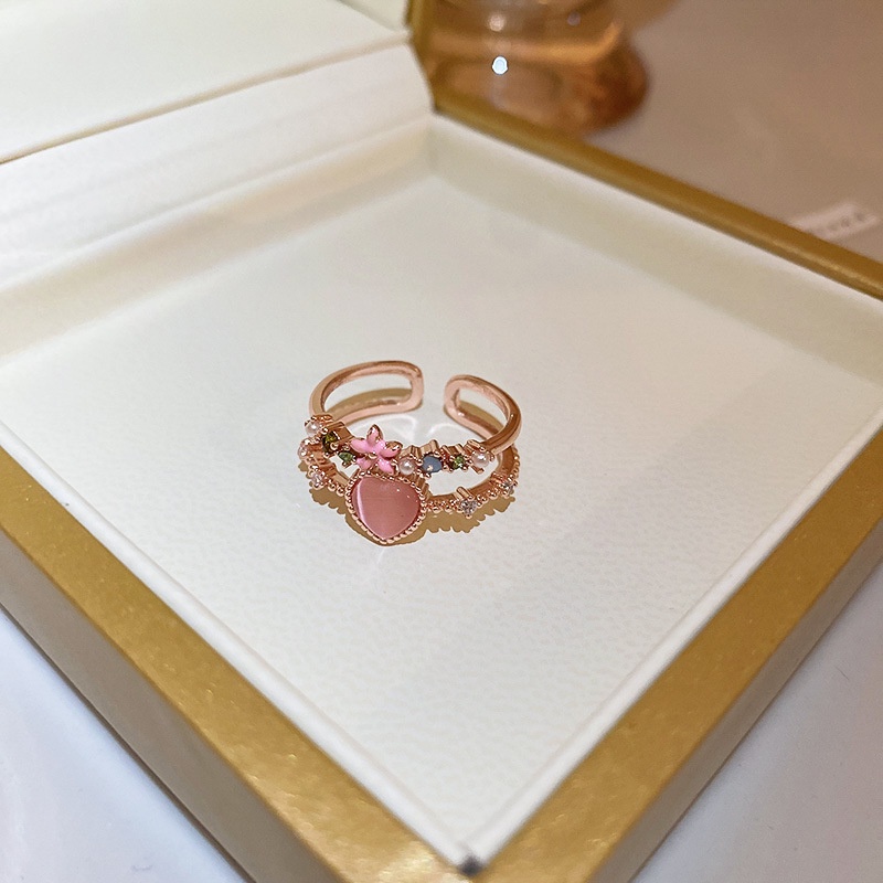 Nhẫn Hở Hai Lớp Đính Đá Zircon Hình Trái Tim Có Thể Điều Chỉnh Phong Cách Hàn Quốc Cho Nữ