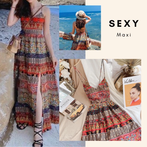 Đầm maxi Thổ cẩm | 2 dây đan chéo lưng, sexy
