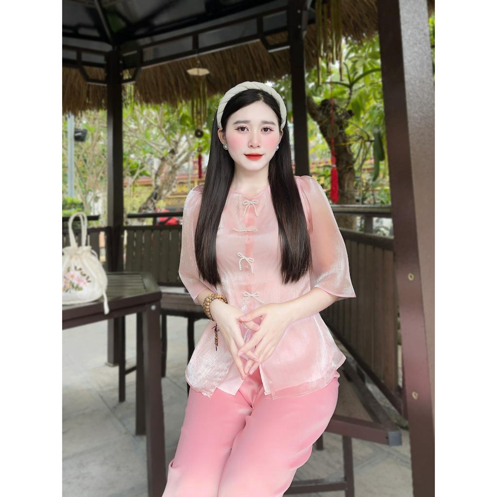 Đồ Lam Đi Chùa Nữ - Bộ pháp phục voan tơ đính nơ cao cấp  Không Nhăn, Không Bai Giãn, Không Phai