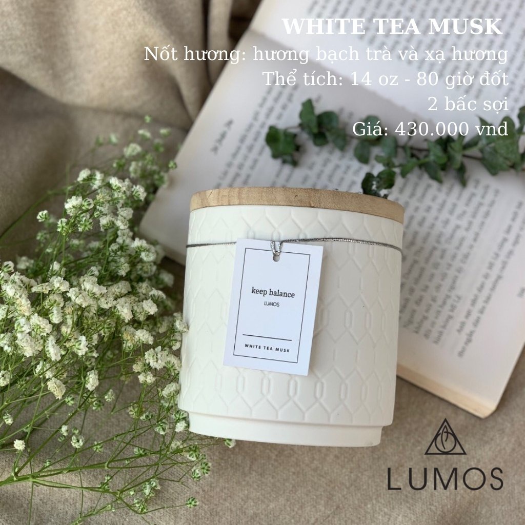 Nến Thơm Cao Cấp Lumos  White Tea Musk (hương bạch trà, xạ hương) – NT23 - Nến trang trí - Đạt tiêu chuẩn Quốc Tế