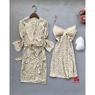 Set Đầm & Choàng Phi Lụa Phối Ren Hoạ Tiết Animal