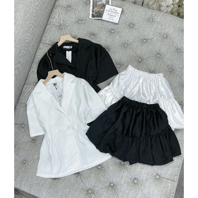 Sét áo vest cúc tay bồng xếp ly eo mix chân váy lụa bom xoè | BigBuy360 - bigbuy360.vn