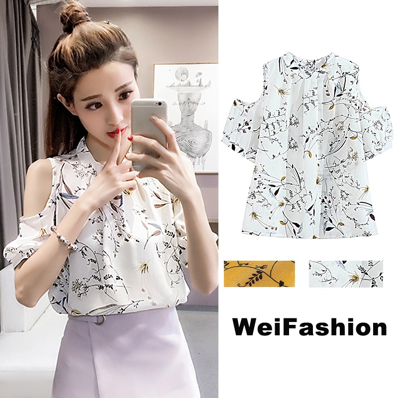 Áo voan in hoa hở vai ngắn tay thời trang hè cho nữ