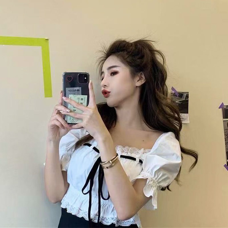 ZHELIHANGFEI Áo Kiểu Tay Phồng Trễ Vai Lưng Cao Cột Dây Phong Cách Quyến Rũ