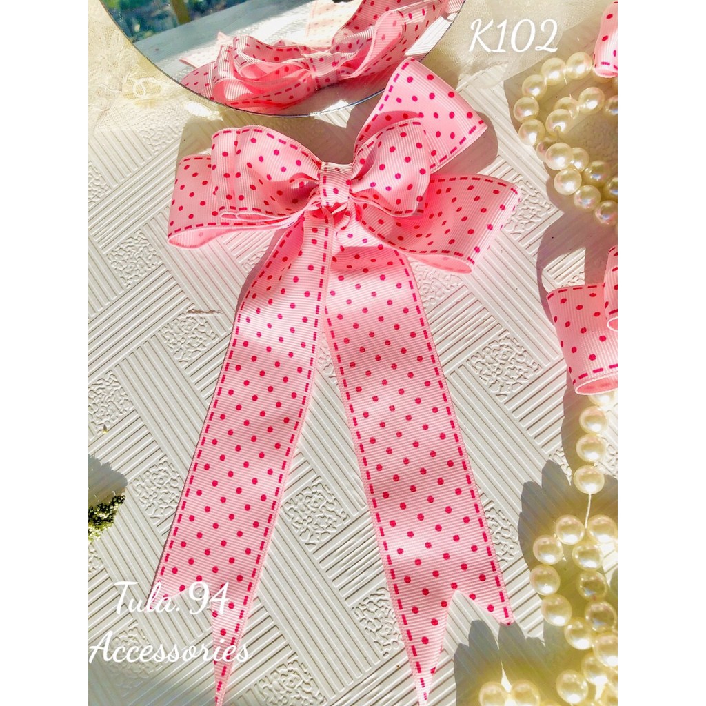 Bộ buộc, kẹp nơ hồng chấm bi cho cả gia đình