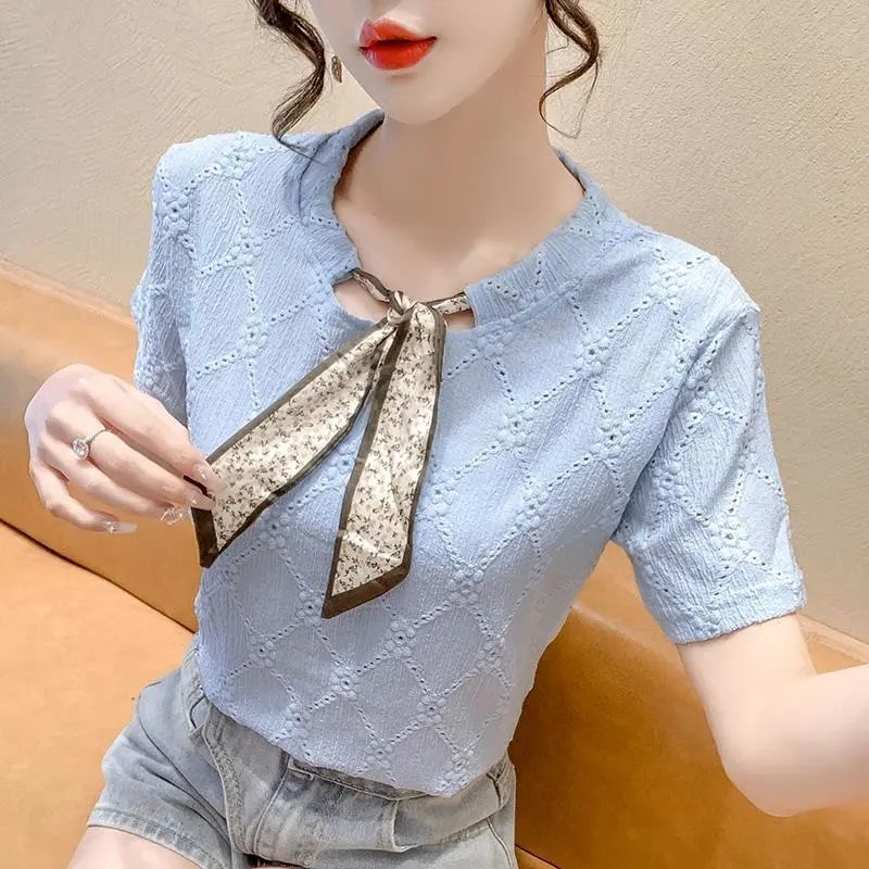 Áo Thun Tay Ngắn Phối Ren Thắt Nơ Thời Trang Mùa Hè 2023 Phong Cách Mới Cho Nữ