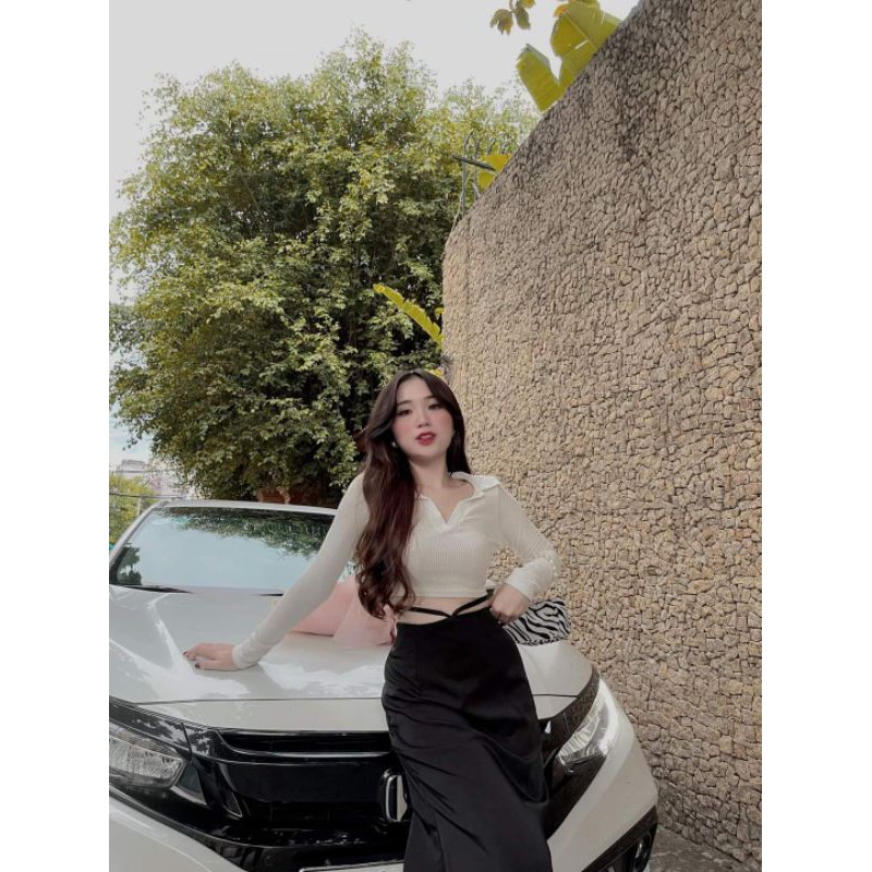 Set áo croptop trắng tay dài kèm chân váy midi đen quấn eo đi biển dạo phố maxi ulzzang thời trang