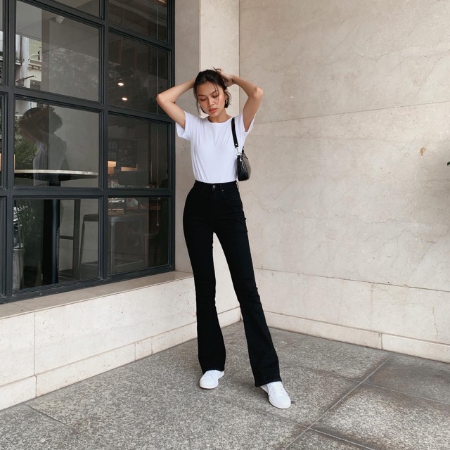 [XẢ KHO - GIÁ SỐC] Quần jeans loe đen dáng dài lưng cao form chuẩn (Híp shop)