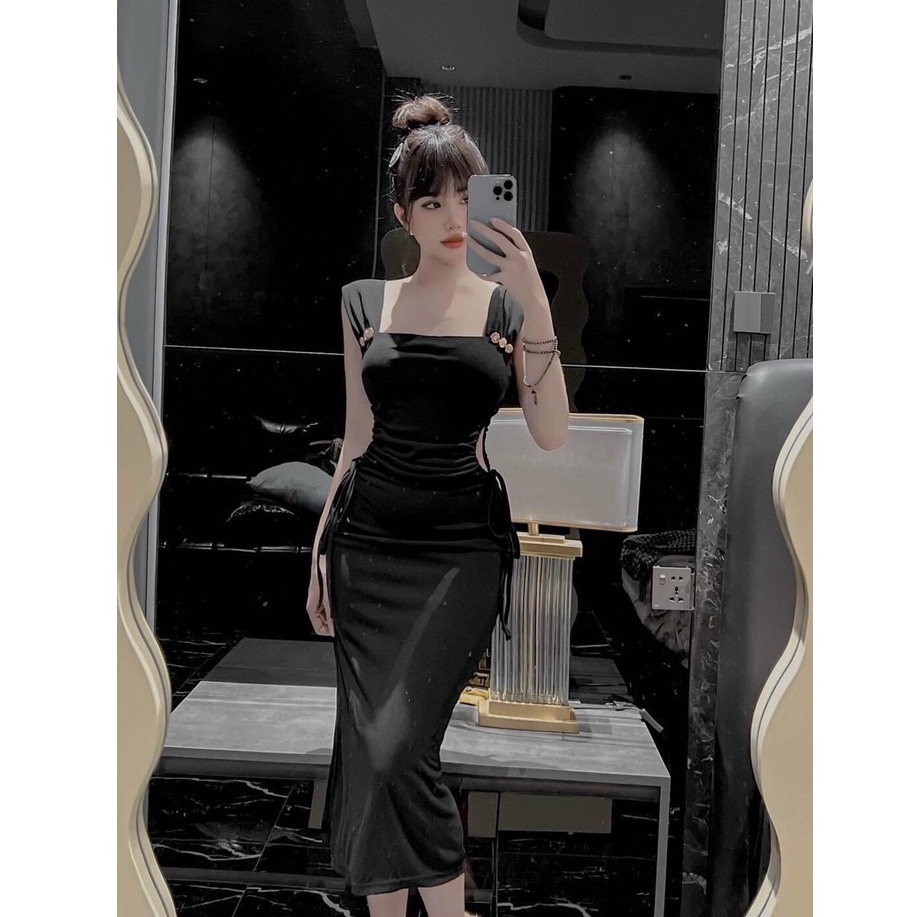 Đầm 2 dây bản vuông đính nút dây rút dây 2 bên eo cực xinh , chất thun gân dày dặn mk