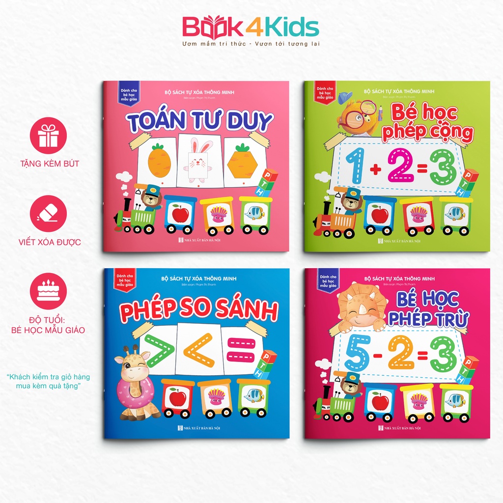 Sách - Tự Xóa Thông Minh - Bộ 4 Cuốn - Bé Học Phép Cộng, Bé Học Phép Trừ, Phép So Sánh, Toán Tư Duy (Tặng Kèm Bút)