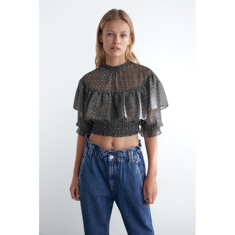 Áo ZARA croptop hoạ tiết phối chỉ kim tuyến