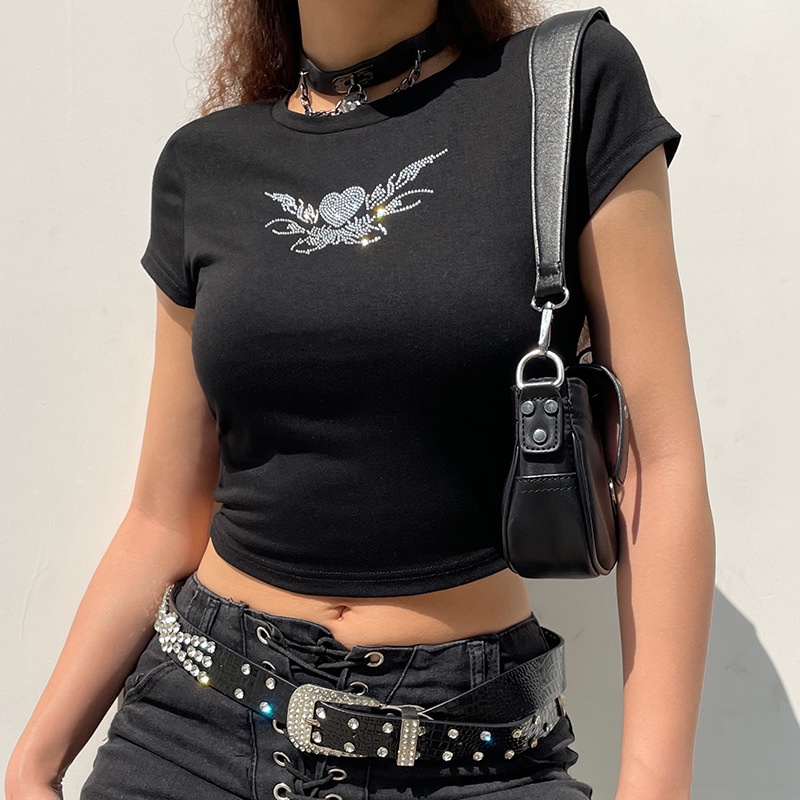 Áo Thun Đen Đính Đá Lấp Lánh Thiết Kế Đơn Giản Cho Nữ