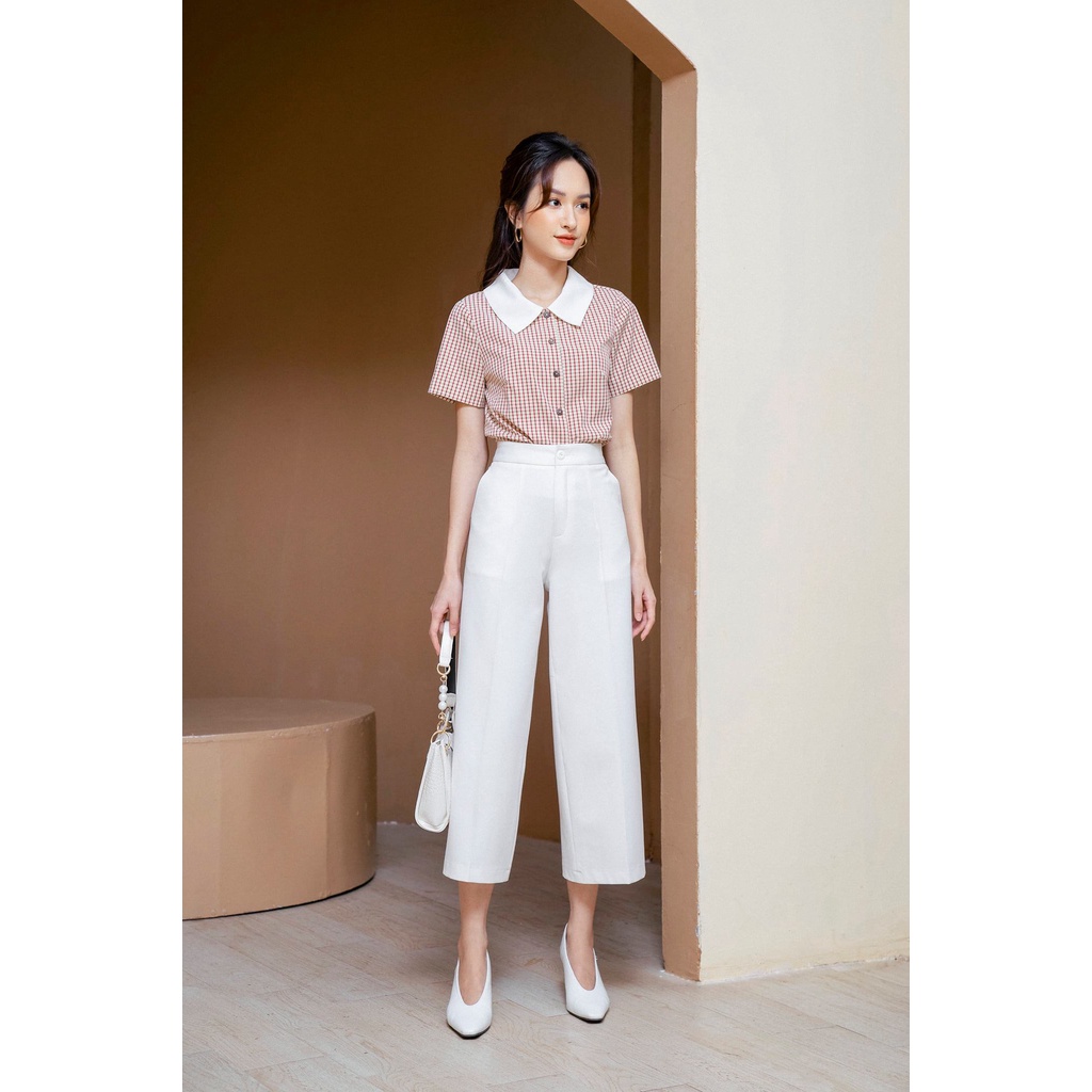 Áo sơ mi kẻ cộc tay phối cổ sen vuông trắng TIIN STORE AHN309 | BigBuy360 - bigbuy360.vn