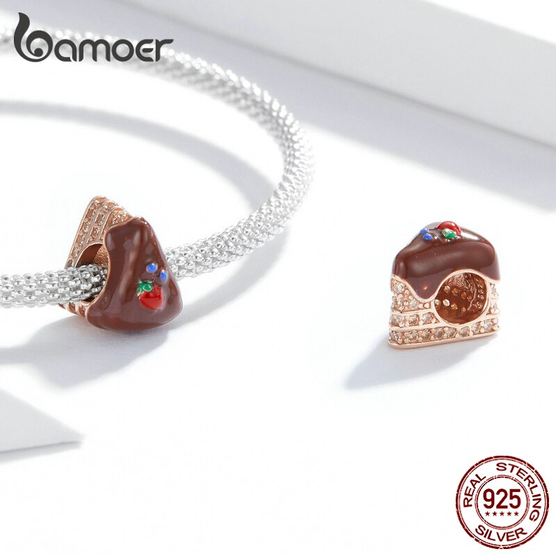 Hạt Phụ Kiện Bamoer BSC349 Thiết Kế Bánh Kem Sô-cô-la Bằng Bạc Thật 925 Xỏ Vòng Tay Thủ Công