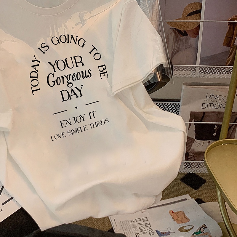 Áo thun HIIXIIVI 100% cotton tay ngắn cổ tròn in chữ phong cách Hàn Quốc thời trang mùa hè 2022 cho nữ
