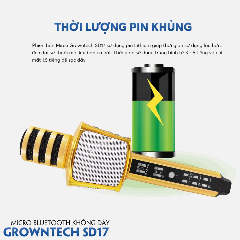 Micro karaoke bluetooth GrownTech SD17 hát kèm loa âm thanh chuẩn, bass mạnh