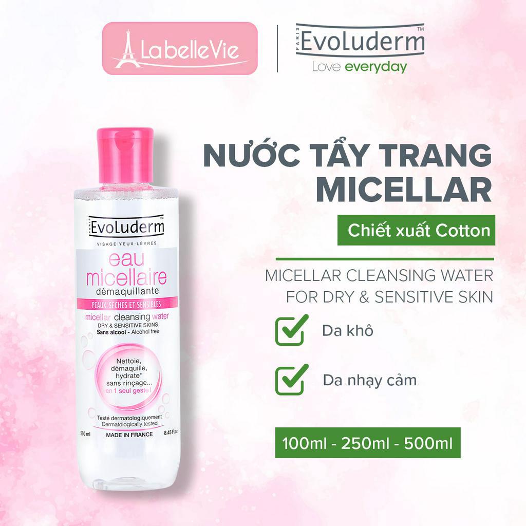 Nước tẩy trang Evoluderm Micellaire chiết xuất cây Bông dành cho da khô và nhạy cảm 250ml-30ml